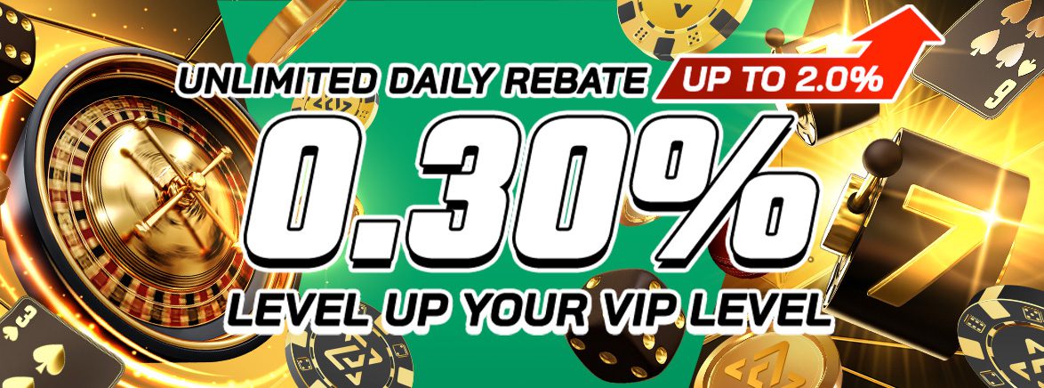 0.3% Unlimited Daily Rebate + up to 2% more for VIP players 0.3% Unlimited Daily Rebate + up to 2% more for VIP players